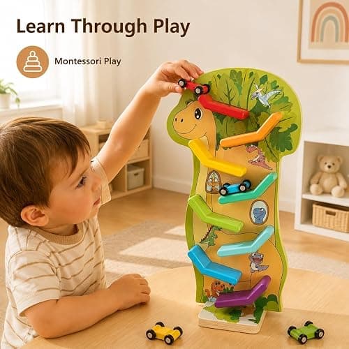 Dinosaur Car Ramp Toy for Toddlers 18 Months+, 8-Level Race Track, 4 Cars | Wooden Montessori Car Toys for 1 Year Old Boys Girls, 1st 2nd Birthday Gifts thumbnail 5