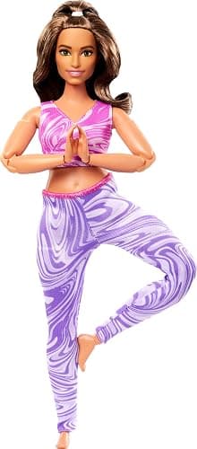 Barbie Made to Move Fashion Doll with Curvy Body & Brunette Hair Wearing Removable Pink Sports Top & Purple Yoga Pants, 22 Bendable “Joints” - Image 1