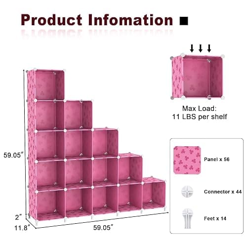 UNKU Cube Storage Organizer, 15 Cube Closet Organizer Storage Shelves, DIY Stackable Bookcase, Clothes Organizer Shelf for Closet, Bedroom, Living Room, Cabinet, Home, Office, Pink thumbnail 3