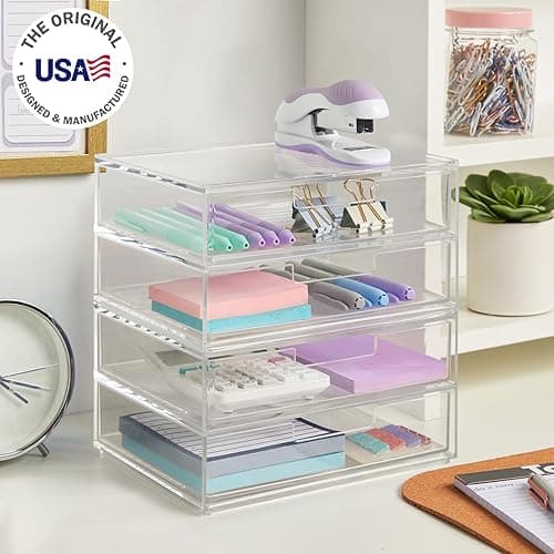 STORi Chloe Space-Saving Clear Drawer Organizer (4 Wide Drawers) Sort Office, Kitchen, Beauty Supplies, Makeup, Pens, Jewelry, Stationary, Made in USA - 7.5"W x 1.5"H Drawers (Set of 4) thumbnail 2
