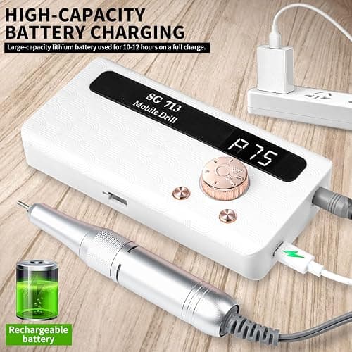 Professional Nail Drill Kit 45000RPM, Portable Electric Nail File with 13 Bits & 56pcs Sanding Bands,LED Screen,Ultra-Silent, Rechargeable Nail Drills Machine for Acrylic Nails Gel Polishing (White) thumbnail 7