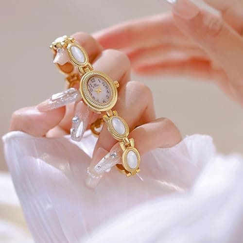 FANMIS Gold Tone Watches for Women with Small Vintage Bracelet Elegant Jade Oval Dial Dress Watch Fashion Quartz Wrist Watch Waterproof Watch thumbnail 3