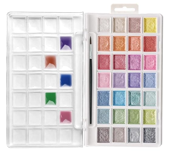 Artecho 28 Metallic Watercolor Paint Set, Glitter Colors, Semi-Moist Pearlescent Water color, Ideal for Beginners and Artists - Image 1