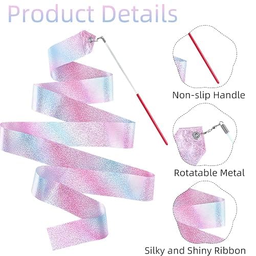 2 Pcs Dance Ribbons, 78.7" Sparkly Gymnastics Ribbon Wands for Kids Adults | Twirling Ribbons for Ballet and Rhythmic Gymnastics with Star Gradient Colors, Birthday Party Decor and Non-Slip Handle thumbnail 3
