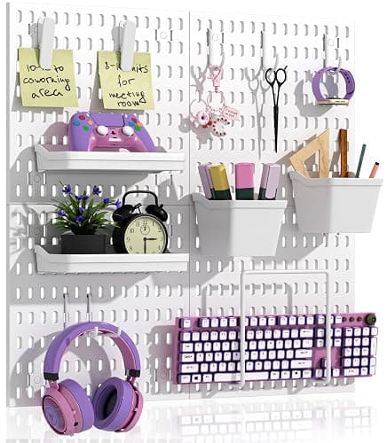 AKTOP Peg Board Wall Organizer 4-Pack – 12"x12" White Pegboard Combination Kit with 13 Accessories for Wall, Plastic Peg Board Panels for Home, Office, Garage Tool Storage & Craft Room - Image 1