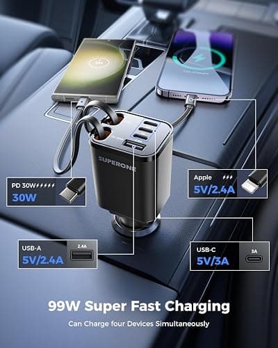 Retractable Car Charger, SUPERONE 99W Car Phone Charger with Cables Fast Charging, USB C Car Charger Adapter for iPhone 17 16 15 14 13 12, Samsung, Black thumbnail 4