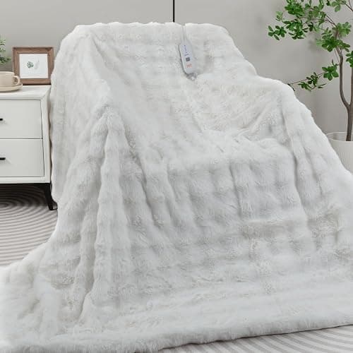 TiMiCalda Heated Blanket Electric Throw- 50"x60" Soft Thick Bubble Electric Blanket for Sofa with 5 Heat Levels & 4 Hours Auto-Off Overheat Protection, Warm Cozy Gifts, Cream - Image 1