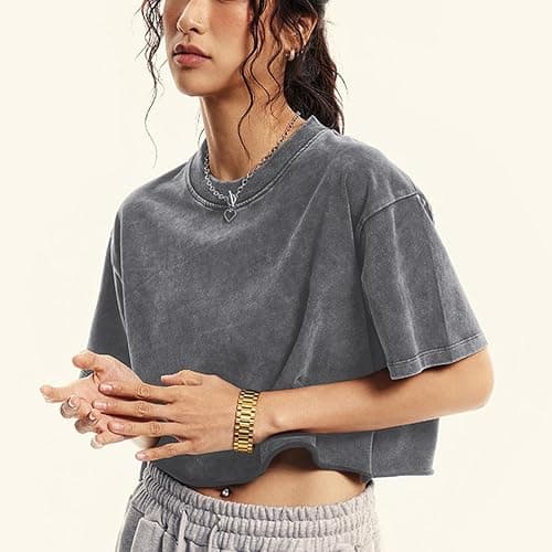 Talakeno Womens Oversized Vintage T Shirts Casual Cropped Tees Short Sleeve Cotton Acid Wash Tops Summer Grunge Shirts thumbnail 7