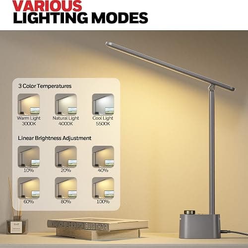 Honeywell HWT-H01 LED Desk Lamp Stepless Dimmable Table Lamp with USB A+C Dual Charging Port Eye-Caring Foldable Desk Light with 3 Color Modes for Home Office Bedroom Reading Study Sunturalux (Gray) thumbnail 4