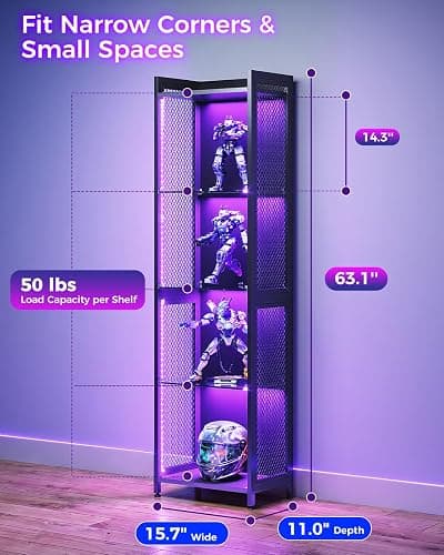 AODK Display Case with LED Lights, Display Cabinet with Open Glass Shelves for Small Space, 4-Tier Corner Display Shelf with Industrial Mesh, Curio Cabinet for Collectibles, Bookcase thumbnail 2