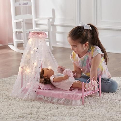 Badger Basket Starlights Metal Doll Bed - LED Canopy Bed Set Fits 18 Inch Dolls - Includes Mesh Drapes Decorative Pillows Reversible Blanket - Pretend Play Doll Furniture - Pink thumbnail 8