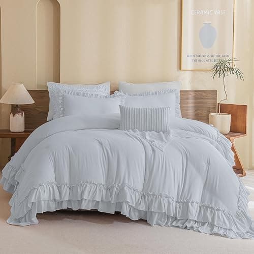 Masaca Ruffle Comforter Full Size,3 Pieces Farmhouse Shabby Boho Chic Full Bedding Set,Vintage Ruffled Rustic Light Blue Bedding Comforter Set for All Season thumbnail 8