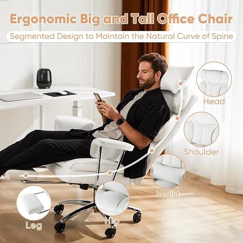 Sweetcrispy Executive Home Office Desk Chair - Ergonomic Big Tall High Back with Footrest & Lumbar Support, Reclining Height Adjustable, Comfy PU Leather Computer Gaming with Swivel Wheels, White thumbnail 4