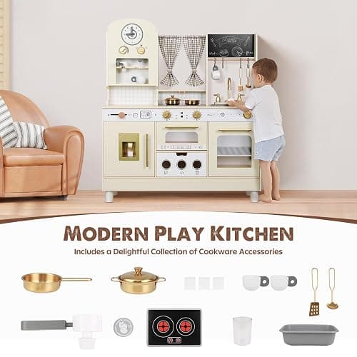EDUBEBO Kids Kitchen playset, Wooden Play Kitchen, Height Adjustable, Comes with Various Kitchen Accessories, Ideal Role Play Toy Gift for Toddlers and Kids Ages 3-8 (White) thumbnail 4