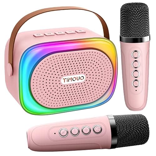 TiMOVO Mini Karaoke Machine, Portable Bluetooth Speaker with 2 Wireless Microphones and LED Lights, Birthday Gifts for Family Home Party, Pink - Image 1
