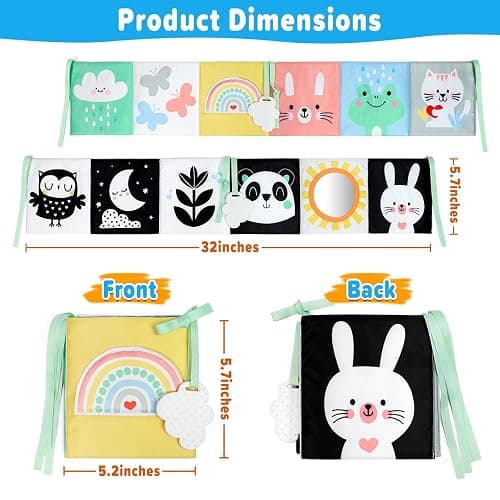 OKOOKO Black and White Baby Book High Contrast Baby Toy 0-6 Months Baby Soft Book Tummy Time Toy Crib Stroller Toy Montessori Sensory Toy Early Education for 0-6 6-12 Months Newborn Baby Infant - Rainbow thumbnail 2