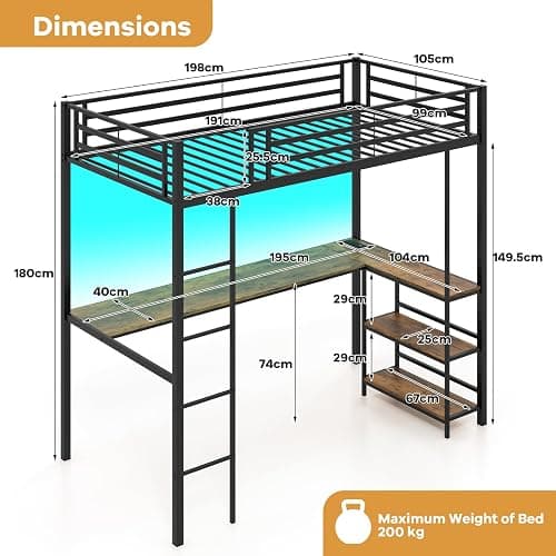 Giantex Twin Size Loft Bed with L Shape Desk, Metal Loft Bed with LED Lights, Charging Station & 2 Storage Shelves, Loft Bed Frame for Teens Adults Juniors w/Safety Guardrail, No Box Spring Needed thumbnail 3