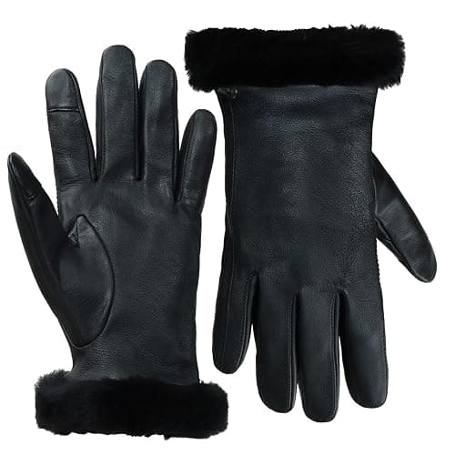 UGG Women’s Sheepskin Cuff Gloves with Touchscreen Fingertips, Genuine Leather Exterior, Fur Trim, and Logo Detail - Image 1