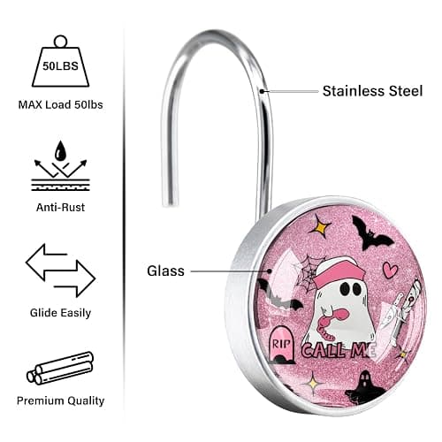 12 Pcs Gothic Horror Face Inspired Shower Curtain Hooks – Round Decorative Bathroom Rings – Rustproof Glass Surface Stainless Steel for Spooky Theme Decor thumbnail 3