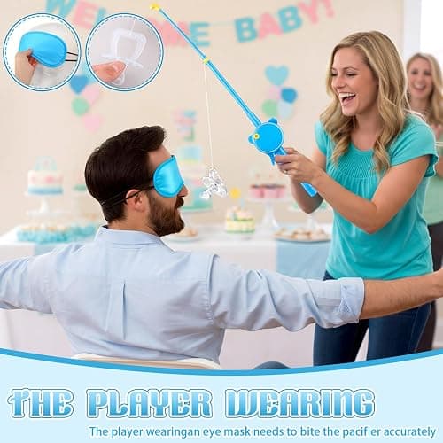 Tasdurian 12 Set Baby Shower Games Fishing The Pacifier Blindfolds Feeding Games Funny Baby Shower Gender Reveal Party Game Bridal Showers Gifts for Women Men Guest Cosplay Wedding Parties (Blue) thumbnail 2