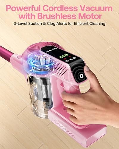 Cordless Vacuum Cleaner, 40Kpa 45Mins Vacuum Cleaners for Home, 8-in-1 Lightweight Stick Vacuum with Powerful Suction, Anti-tangle Wireless Vacuum for Carpet, Tile, Pet Hair, Hardwood Floors, Pink - Pink thumbnail 5