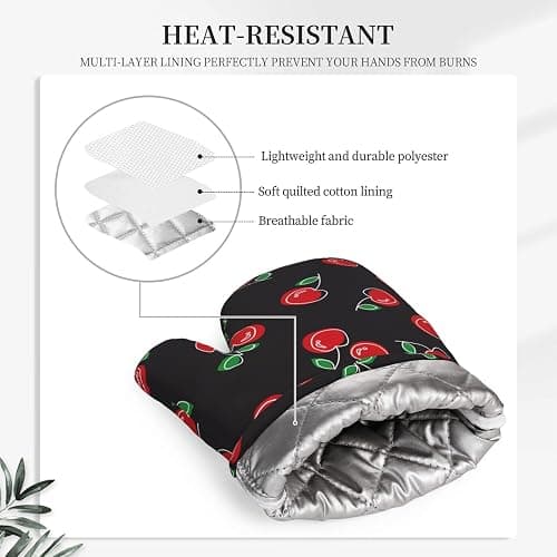 Red and Black Cherry Oven Mitts and Pot Holders Sets of 4, Heat Resistant Silicone Oven Mittens and Potholders Gloves Hot Pads for Kitchen Cooking Baking Grilling BBQ Chef thumbnail 4