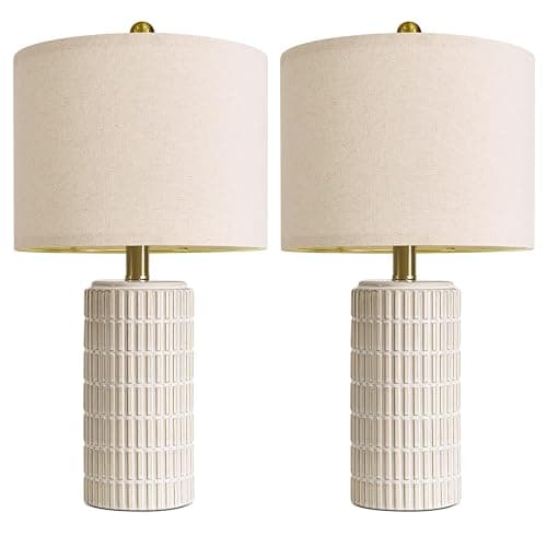 PoKat 20.75" Small Modern Ceramic Table Lamps Set of 2 for Bedroom, White Bedside Lamps for Night Stands, Farmhouse Desk Decor Gift Nightstand Table Lamps for Living Room End Table Beige thumbnail 8