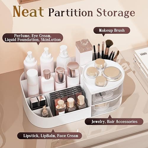 Makeup Organiser, Large Capacity Cosmetic Organisers for Beauty Skincare Jewelry, Make Up Storage Cosmetic Dressing Table Organiser Makeup Box with Drawer for Bedroom Bathroom Dresser Office (White) thumbnail 4