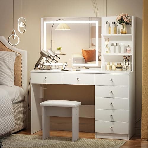 VOWNER Vanity with Lighted Mirror - 47" Makeup Vanity Desk with 7 Drawers, 3 Storage Shelves and Outlet, 3 Color Lighting Modes with Adjustable Brightness, Makeup Desk with Stool for Bedroom (White) thumbnail 6