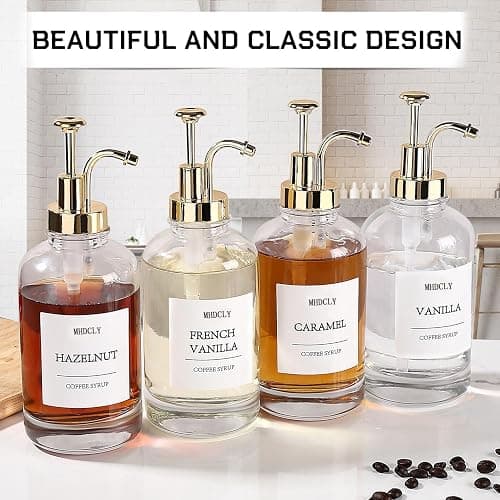 MHDCLY Coffee Bar Accessories, Coffee Syrup Dispenser - 4pack,16.9oz Syrup Dispenser with Labels,Syrup Pump Dispenser for Coffee Bar(Gold Pump) thumbnail 3