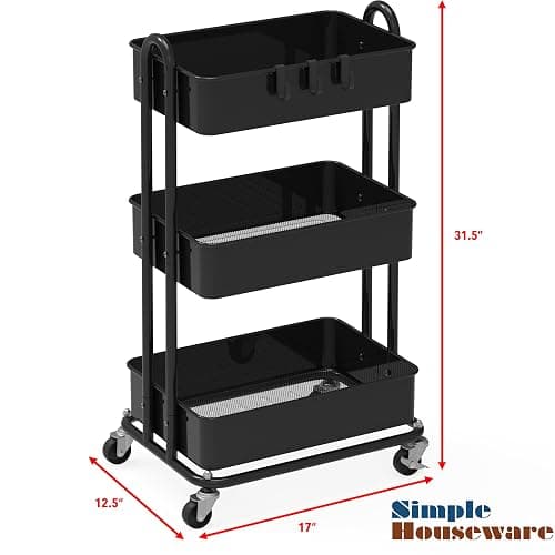 Simple Houseware 3-Tier Heavy Duty Metal Utility Rolling Cart, Black thumbnail 3