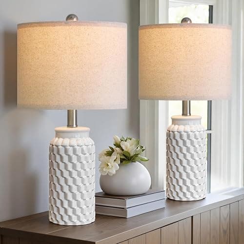 USumkky 20.5" White Modern Ceramic Bedside Lamp Set of 2 for Bedroom Decor Farmhouse Table Lamp for Living Room Office Dorm thumbnail 4