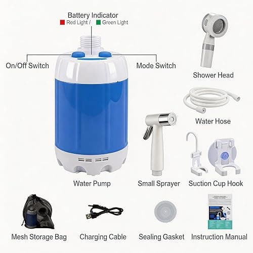 Portable Camping Shower Pump - Rechargeable Outdoor Shower Head Sprayer, Pumps Water from Bucket. Experience Refreshment Anywhere, Perfect for Camping, Hiking, Travel, Car Washing & Pet Cleaning thumbnail 6