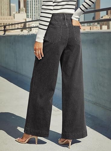 DOKOTOO Women's Casual High Waisted Jeans Stretch Button Wide Leg Loose Denim Pants with Pockets thumbnail 5