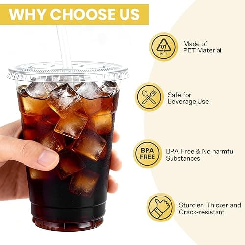 100 Pack 16 oz Plastic Cups with Lids and Straws, Clear Disposable Plastic Cups, Heavy Duty Iced Coffee Cups with Leak-Resistant Lids, Cold Drink Cups for Smoothies, Juice, Soda & Party To Go thumbnail 6