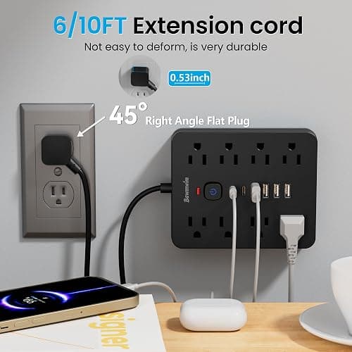 Bawmwim Surge Protector Power Strip, 8 Outlets(1250W/10A), 6 USB Charging Ports(2 USB C), 6FT Flat Plug Extension Cord Outlet Extender with Overload Protection, ETL Certified for Office, Dorm Room thumbnail 5