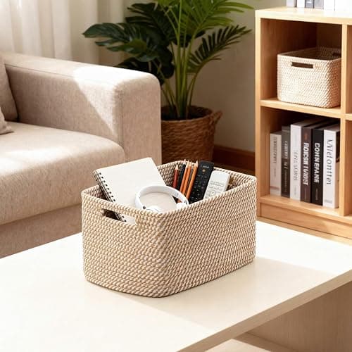 5 Pack Woven Storage Baskets for Shelves, Decorative Basket Organizer Storage Bins for Toys, Books, Clothes, Closet, Nursery, Bathroom – Cotton Rope Shelf Baskets for Organizing and Decor, Khaki thumbnail 2