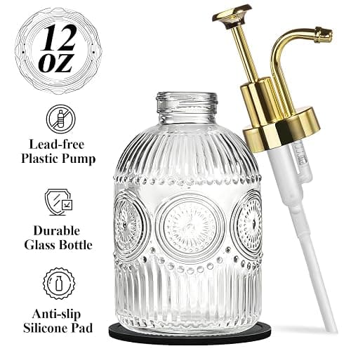SheeChung 12Oz Vintage Glass Bathroom Soap Dispenser, Kitchen Dish Soap Dispenser with Pump, Refillable Liquid Hand Soap Bottle, Lotion, Antique Rustic Farmhouse Decor (Clear-Gold Pump, 2 Pack) thumbnail 5