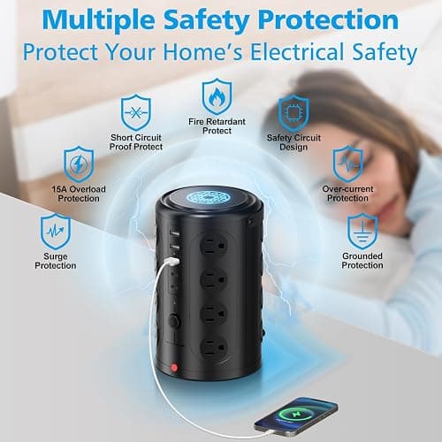 Tower Power Strip Surge Protector with 16 Outlets and 5 USB Ports (2 USB-C), 6FT Extension Cord with Multiple Outlets,Heavy Duty Charging Station,Home Office Dorm Room Essentials. No Wireless Charging - 6FT - Black thumbnail 3