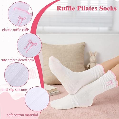 scenicamp 5 Pairs Women‘s Cute Pilates Socks with Grips, Non-Slip Ruffle Yoga Sock, Cotton Grippy Crew Sock for Barre Ballet thumbnail 6