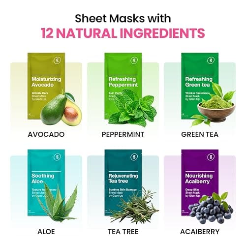 GLAM UP Korean Facial Sheet Mask 12 Combo Pack | Hydrating & Moisturizing Face Mask for Glass Skin | Soothing Korean Skincare for Sensitive, Dry Skin | Bulk Face Masks Gift Set for Home Spa thumbnail 4