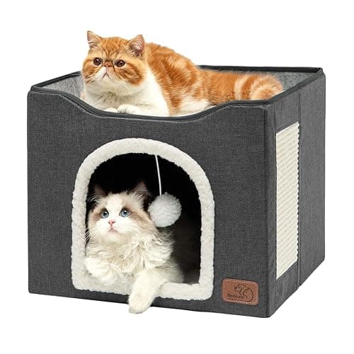 Bedsure Cat Beds for Indoor Cats - Large Cat Cave for Pet Cat House with Fluffy Ball Hanging and Scratch Pad, Foldable Cat Hideaway, 16.5x16.5x13 inches, Dark Grey - Image 1