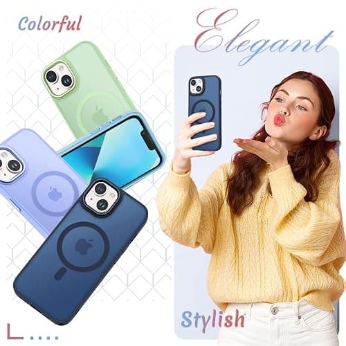 YENAPOON for iPhone 14 Case, iPhone 13 Case, with 1 Screen Protector, Matte Magnetic Slim Phone Cover, Support for Magsafe, Shockproof Protection Translucent Frosted Back,Navy Blue thumbnail 6