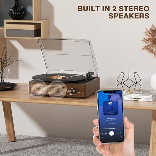 Bluetooth Vinyl Record Player,3-Speed Turntable with Stereo Speakers Vintage Phonograph Record Player, with RCA Line Out AUX in Headphone Jack Coffee Wood thumbnail 6