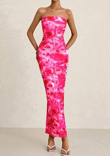 PRETTYGARDEN Womens Summer Printed Tube Maxi Dress Strapless Bodycon Sleeveless Long Beach Vacation Dresses thumbnail 7