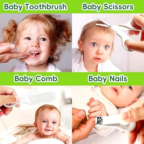 Baby Grooming Kit - 19 in 1 Nursery Essentials Baby Registry Shower Gift for Newborns, Infants, Toddlers, Boys, Girls Kids-Safety Baby Comb, Brush, Finger Toothbrush, Nail Clippers, Scissors(Grey White) - Grey White thumbnail 3