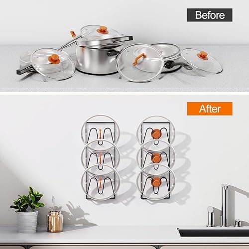 Durmmur 2 Pack Pot Lid Organizer, 6-Tier Lid Holder for Cabinet Door & Wall | Rustproof Metal Lid Organizer with No-Drill Adhesive Mounting for Pot and Pan Lids, Space-Saving Kitchen Storage, Black thumbnail 8