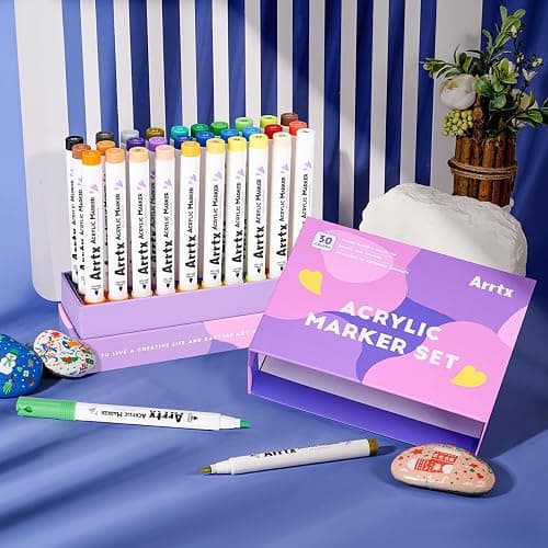 Arrtx 30 Colors Acrylic Paint Pens for Rock Painting, Extra Brush Tip, Water Based Paint Markers for Stone, Glass, Easter Egg, Wood and Fabric Painting-No Toxic,No Odor 30B thumbnail 9