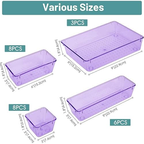 WOWBOX 25 PCS Plastic Drawer Organizer Set, Desk Drawer Divider Organizers and Storage Bins for Makeup, Jewelry, Gadgets for Kitchen, Bedroom, Bathroom, Office, Clear Purple thumbnail 3