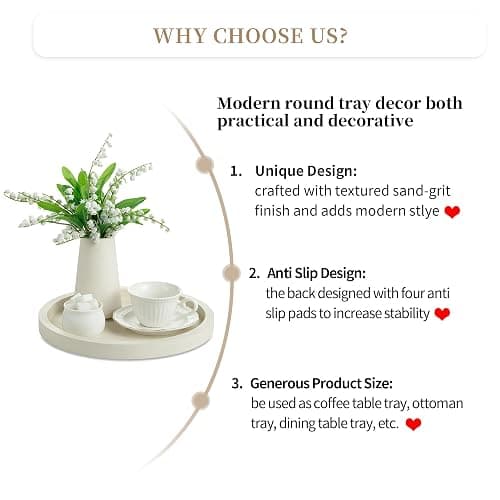 Hanobe Decorative Tray for Coffee Table: Round Ottoman Tray for Living Room 12" Modern Dining Table Organizer Decor Dresser Display Entryway Countertop Cream White thumbnail 9